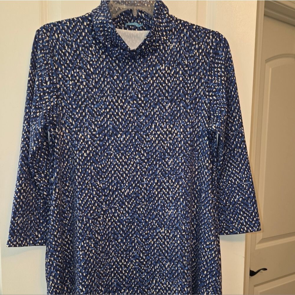 J. McLaughlin Blue Dot Mock Neck Stretchy Dress - Picture 4 of 11